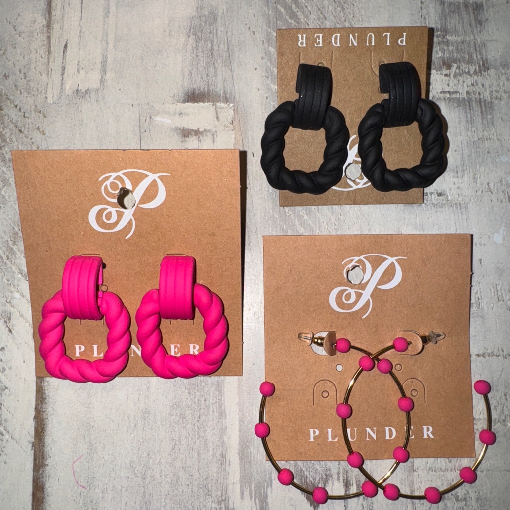 Plunder Vibrant Pink And Bold Black Earring Trio 27$